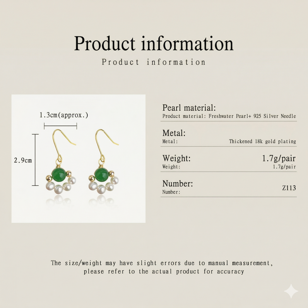 5A Grade Freshwater Pearl, Green Agate Stud Earrings - French Retro Elegance in Every Detail