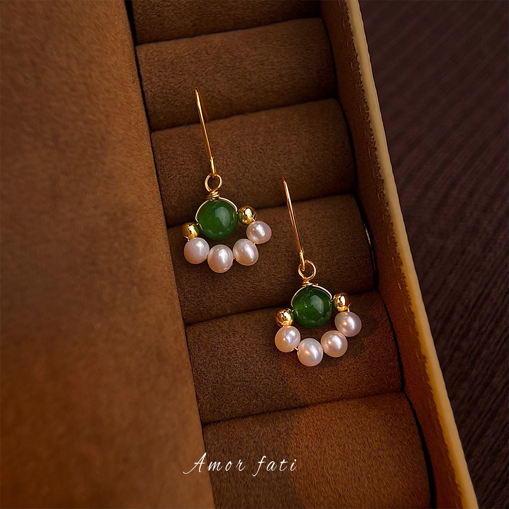 5A Grade Freshwater Pearl, Green Agate Stud Earrings - French Retro Elegance in Every Detail