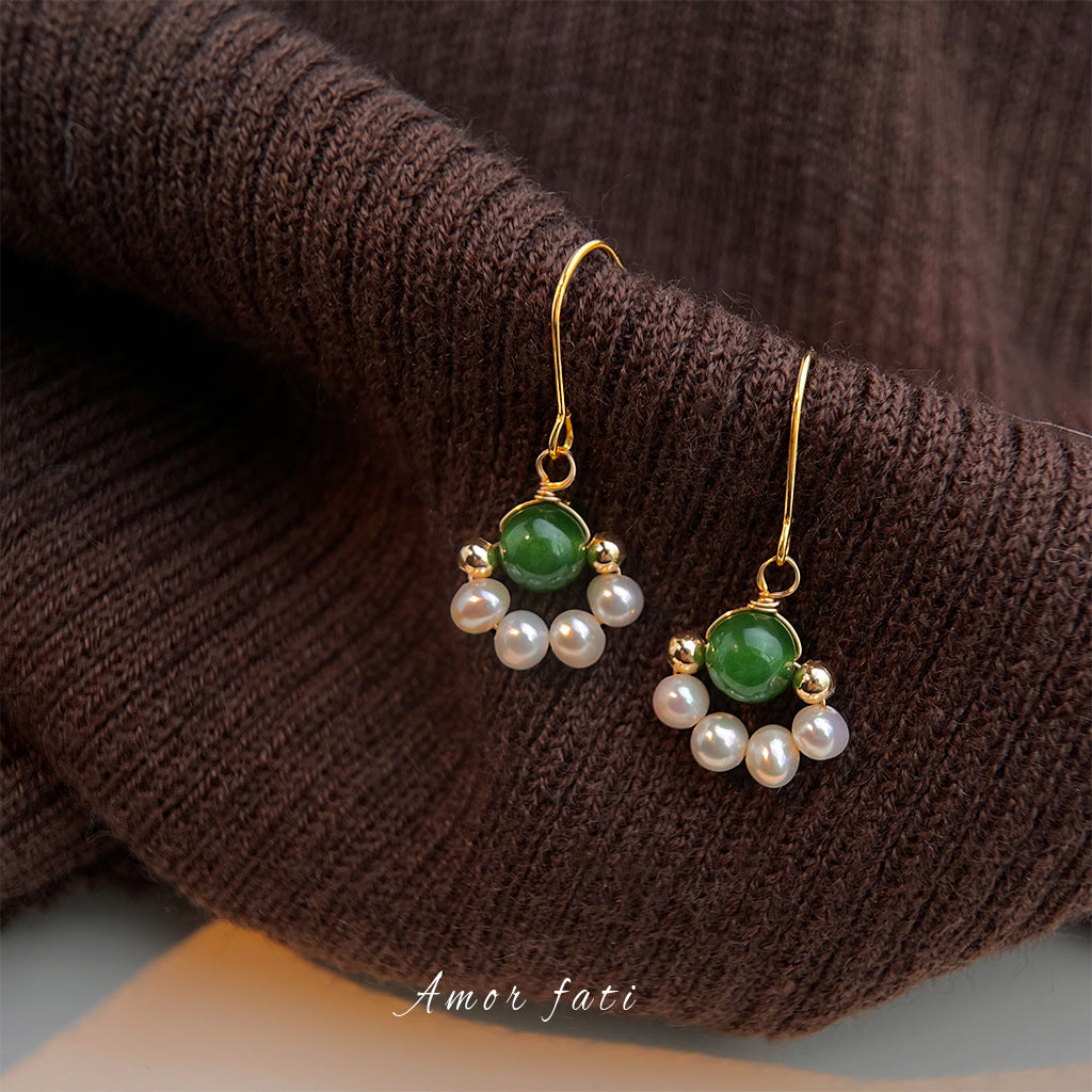 5A Grade Freshwater Pearl, Green Agate Stud Earrings - French Retro Elegance in Every Detail
