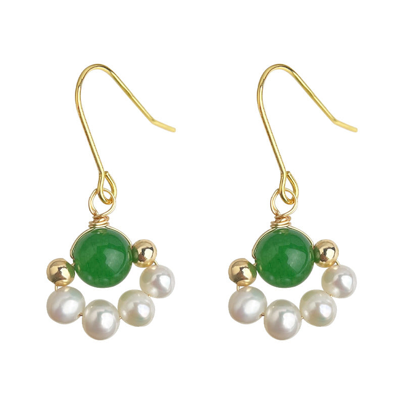 5A Grade Freshwater Pearl, Green Agate Stud Earrings - French Retro Elegance in Every Detail