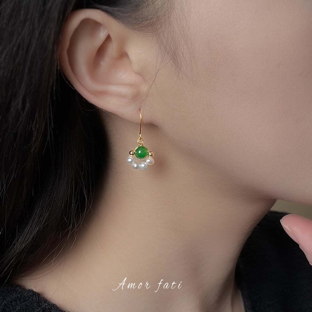 5A Grade Freshwater Pearl, Green Agate Stud Earrings - French Retro Elegance in Every Detail