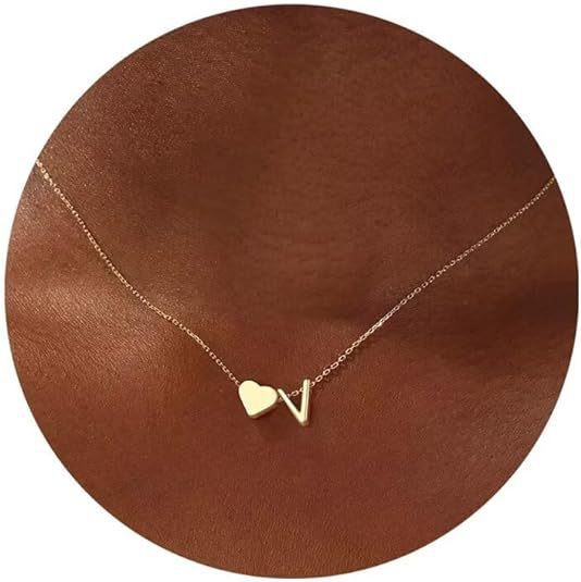 Simple Heart Letter Necklace 14K Gold Plated Clavicle Chain Durable Hypoallergenic Adjustable Pendant Chain for Women